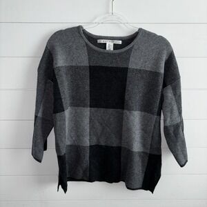 Max Studio Women SZ L‎ Gray Plaid 3/4 Sleeve Pullover Tunic Hemline Sweater